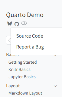 A Quarto sidebar showing the site title with Bluesky and GitHub icons. The GitHub icon is selected and a dropdown menu shows two items: 'Source Code' and 'Report a Bug'. Below are a search box and navigation sections.